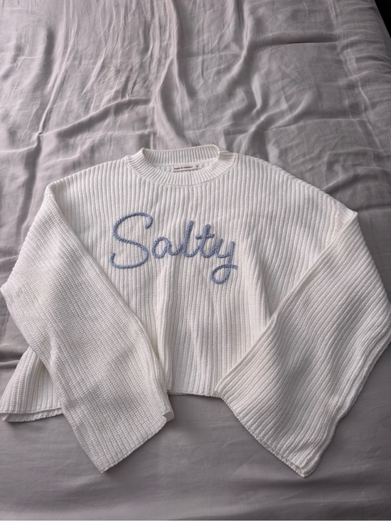 moon & madison Sweaters - moon & madison White Cropped Knit Sweatshirt with Blue 'Salty' Embroidery